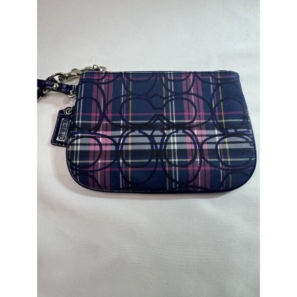 Coach Tartan Plaid Canvas Leather Strap Navy Pink Wristlet 6”x5” NWOT - Picture 2 of 8
